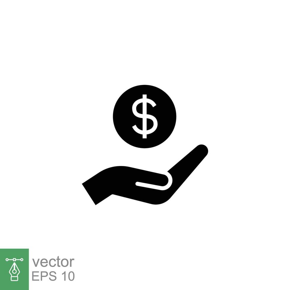 Salary, sell, money, business, buy, hand glyph icon. Simple solid style. Save, cash, coin, currency, dollar, finance concept. Black silhouette vector illustration isolated on white background. EPS 10.