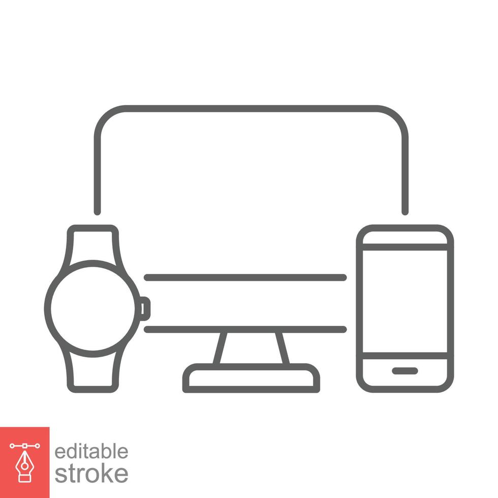 Computer monitor, smartwatch and mobile phone line icon. Simple outline style. Cloud connection between various smart devices concept. Vector isolated on white background. Editable stroke EPS 10.