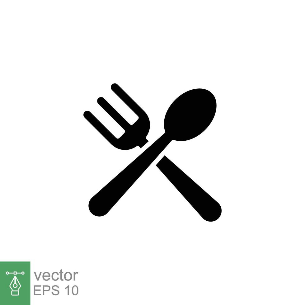 Spoon and fork icon. Simple solid style. Silverware, kitchen, cutlery, table, restaurant concept. Black silhouette, glyph symbol. Vector illustration isolated on white background. EPS 10.