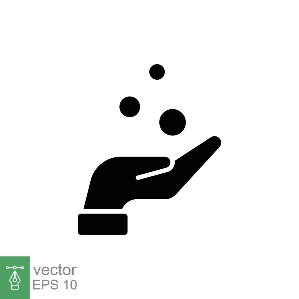 Money on hand, obtain glyph icon concept. Simple solid style hand and coins for web template and app. Black silhouette symbol. Vector illustration isolated on white background. EPS 10.