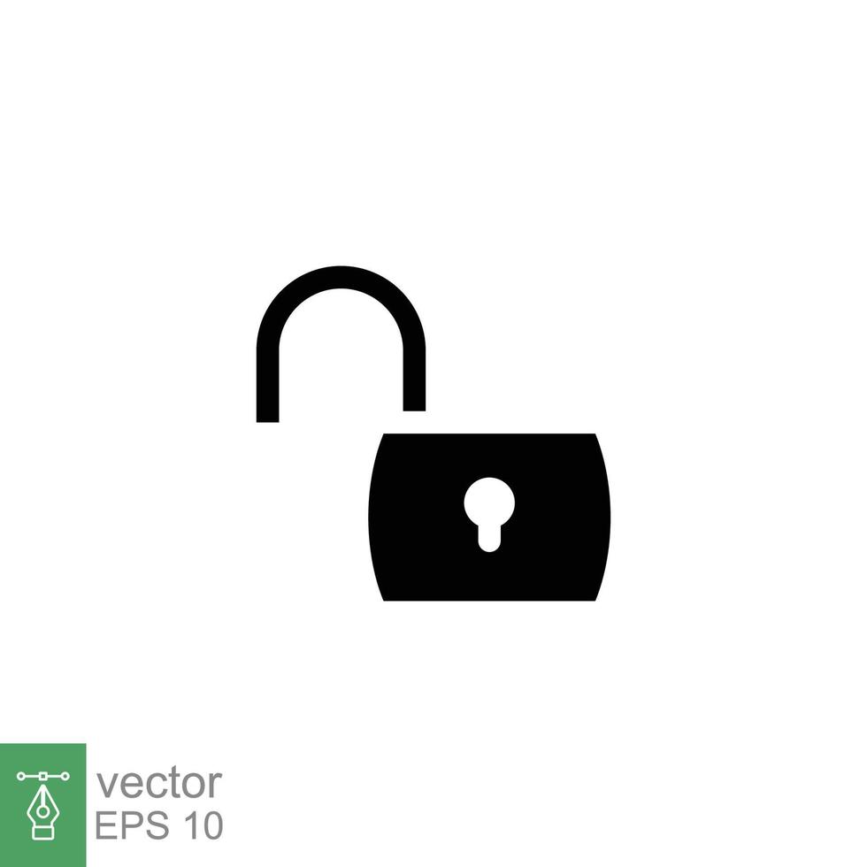 Unlocked lock icon. Simple solid style. Padlock with keyhole, open key, security concept. Black silhouette, glyph vector illustration design on white background. EPS 10.