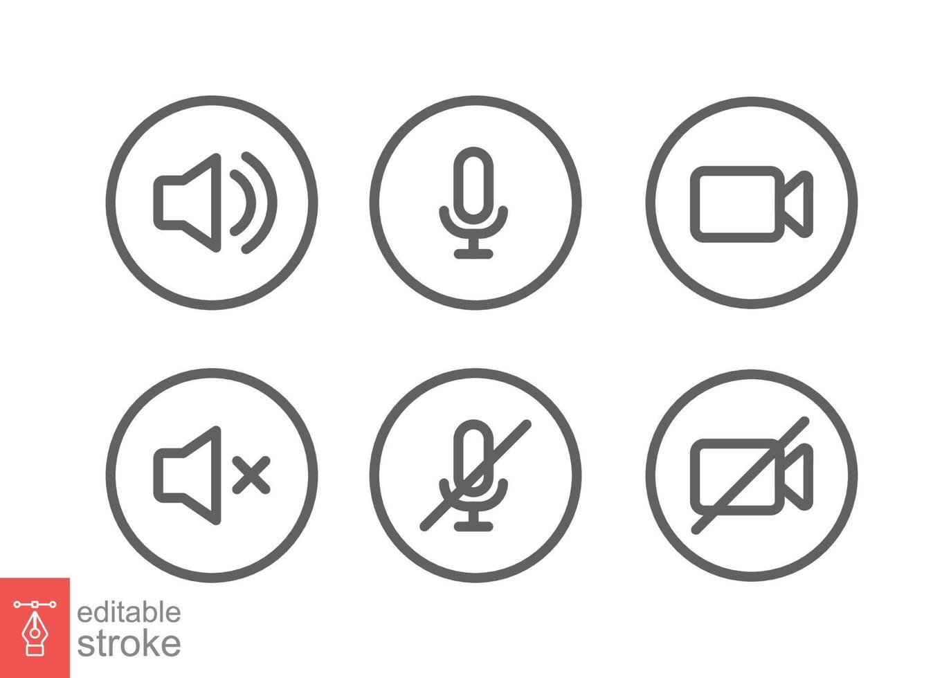 Speaker, Mic and Video Camera line icon set. Simple outline style for Video Conference, Webinar and Video chat. Microphone, audio, sound, mute, off concept. Vector isolated, editable stroke EPS 10.