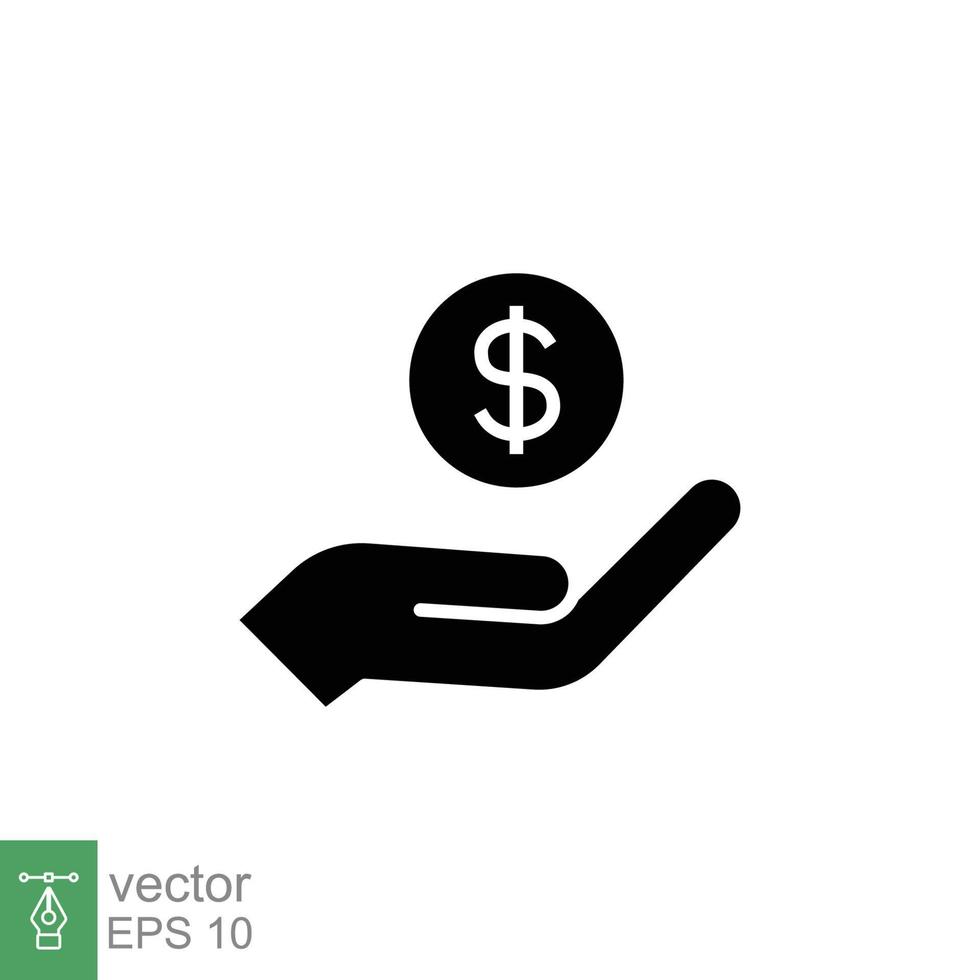 Salary, sell, money, business, buy, hand glyph icon. Simple solid style. Save, cash, coin, currency, dollar, finance concept. Black silhouette vector illustration isolated on white background. EPS 10.