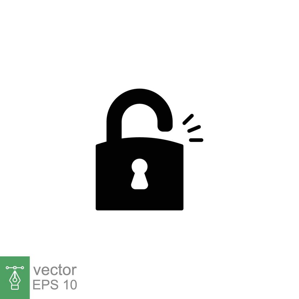 Unlocked lock icon. Simple solid style. Padlock with keyhole, open key, security concept. Black silhouette, glyph vector illustration design on white background. EPS 10.