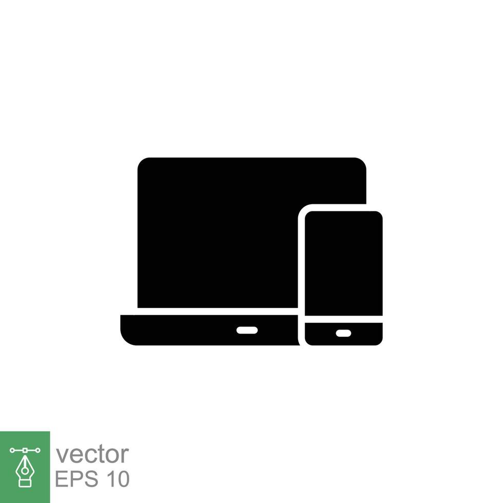Laptop and mobile phone icon. Simple solid style. Desktop, device, screen, display, smartphone, responsive concept. Black silhouette symbol. Vector illustration isolated on white background. EPS 10.