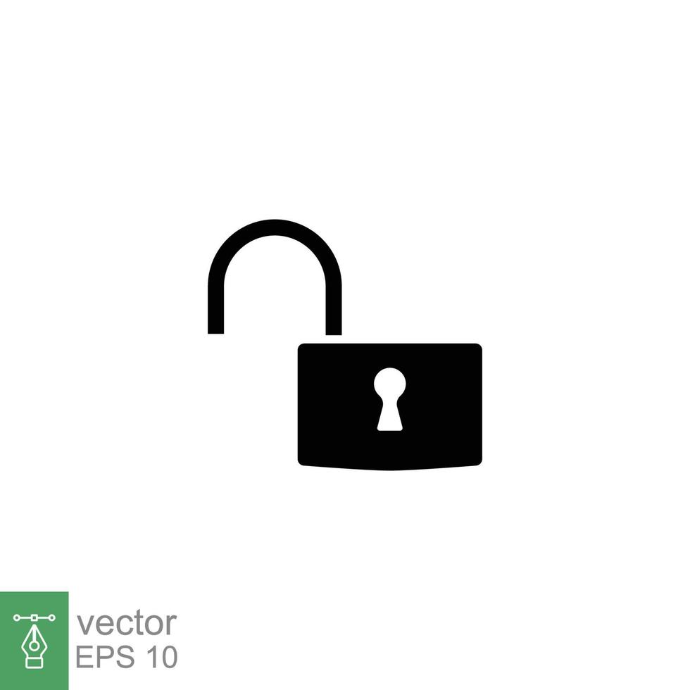 Unlocked lock icon. Simple solid style. Padlock with keyhole, open key, security concept. Black silhouette, glyph vector illustration design on white background. EPS 10.