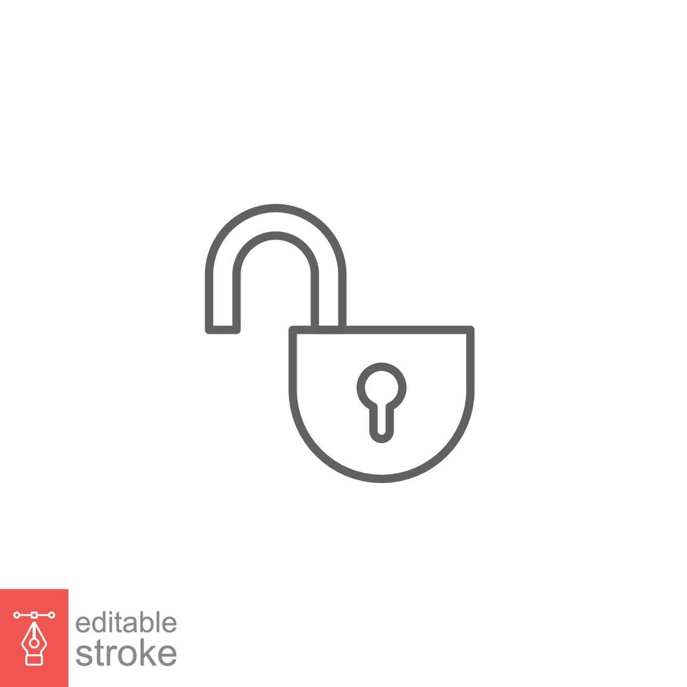 Unlocked lock icon. Simple outline style. Padlock with keyhole, open key, security concept. Thin line vector illustration design on white background. Editable stroke EPS 10.