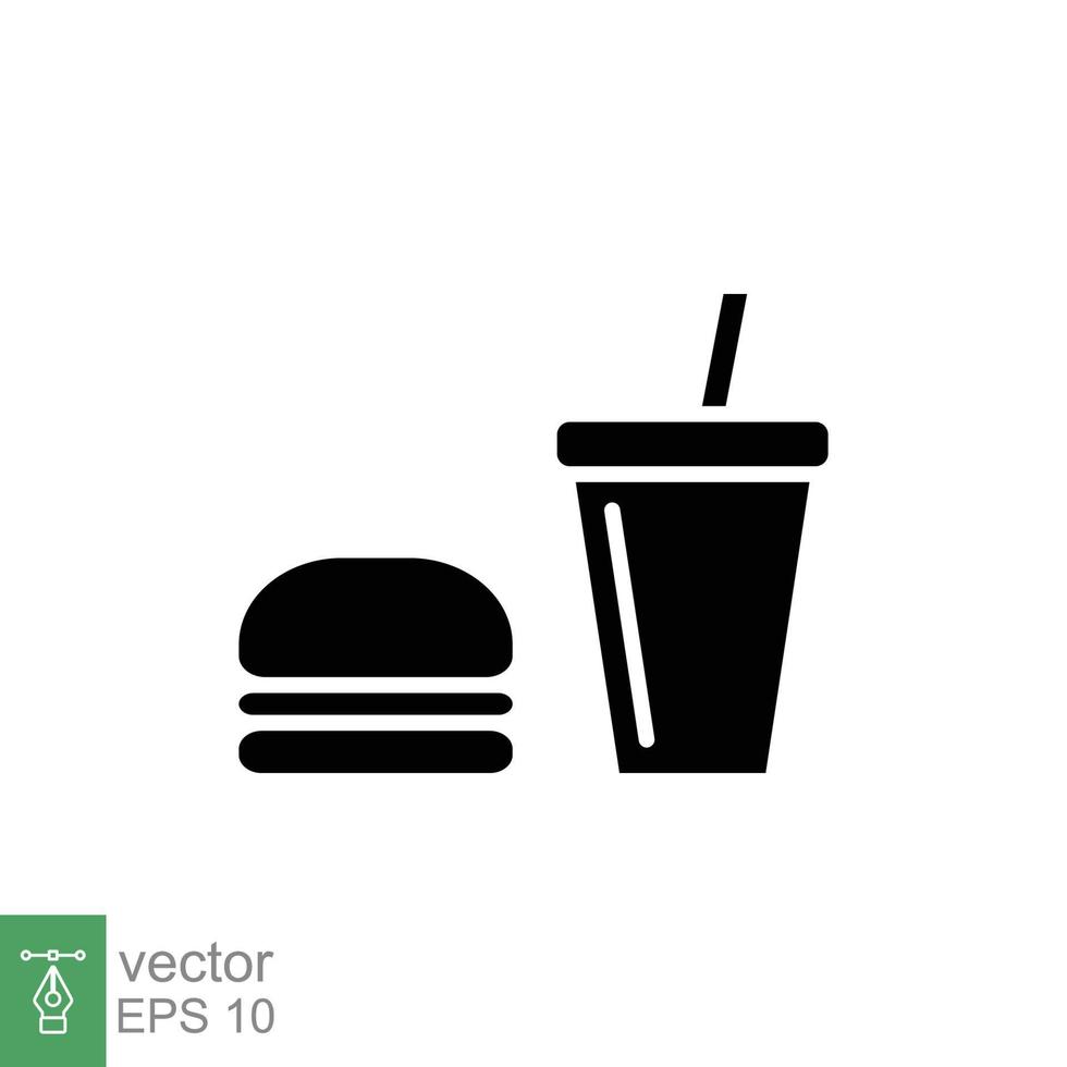 Hamburger and soft drink cup icon. Simple solid style. Fast food, burger, restaurant concept. Black silhouette, glyph symbol. Vector illustration isolated on white background. EPS 10.