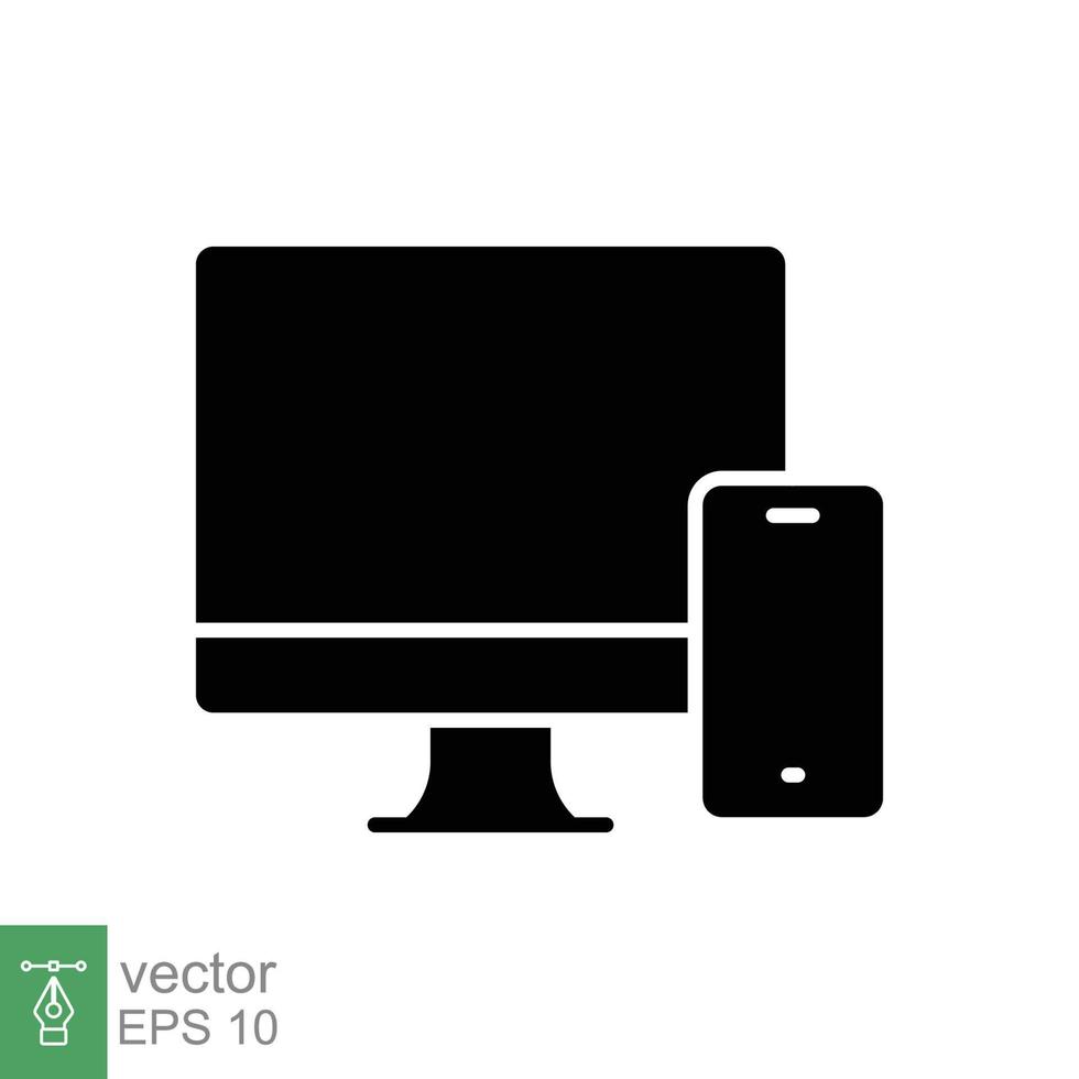 Computer and mobile phone icon. Simple solid style. Desktop, monitor, smartphone, responsive device concept. Black silhouette symbol. Vector illustration isolated on white background. EPS 10.