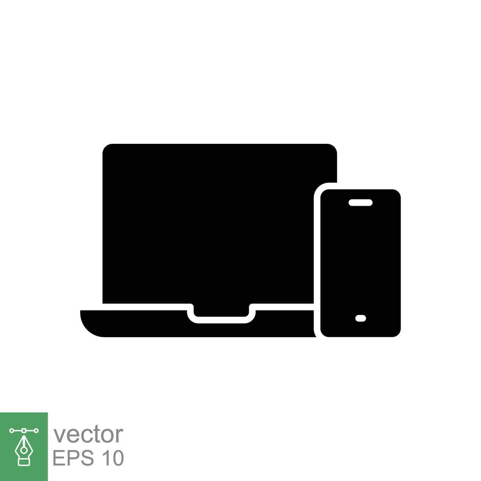 Laptop and mobile phone icon. Simple solid style. Desktop, device, screen, display, smartphone, responsive concept. Black silhouette symbol. Vector illustration isolated on white background. EPS 10.