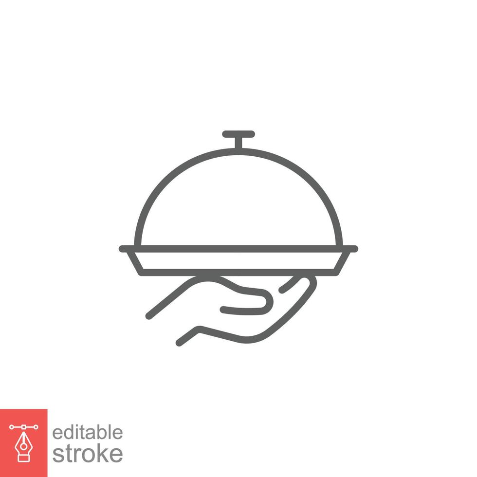 Tray icon. Simple outline style. Hand with a tray, waiter, Butler, platter, restaurant concept. Thin line symbol. Vector illustration isolated on white background. Editable stroke EPS 10.