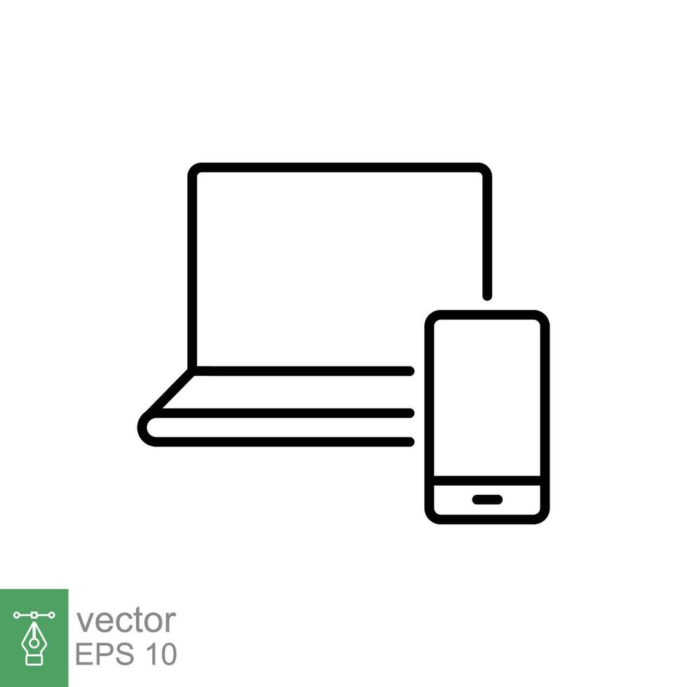 Laptop and mobile phone line icon. Simple outline style. Desktop, device, screen, display, smartphone, responsive concept. Vector illustration isolated on white background. EPS 10.