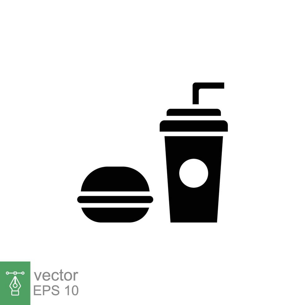 Hamburger and soft drink cup icon. Simple solid style. Fast food, burger, restaurant concept. Black silhouette, glyph symbol. Vector illustration isolated on white background. EPS 10.