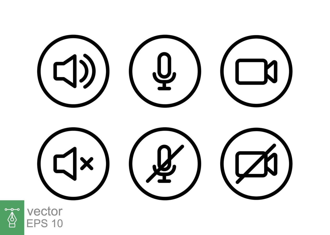 Speaker, Mic and Video Camera line icon set. Simple outline style for Video Conference, Webinar and Video chat. Microphone, audio, sound, mute, off concept. Vector illustration isolated. EPS 10.