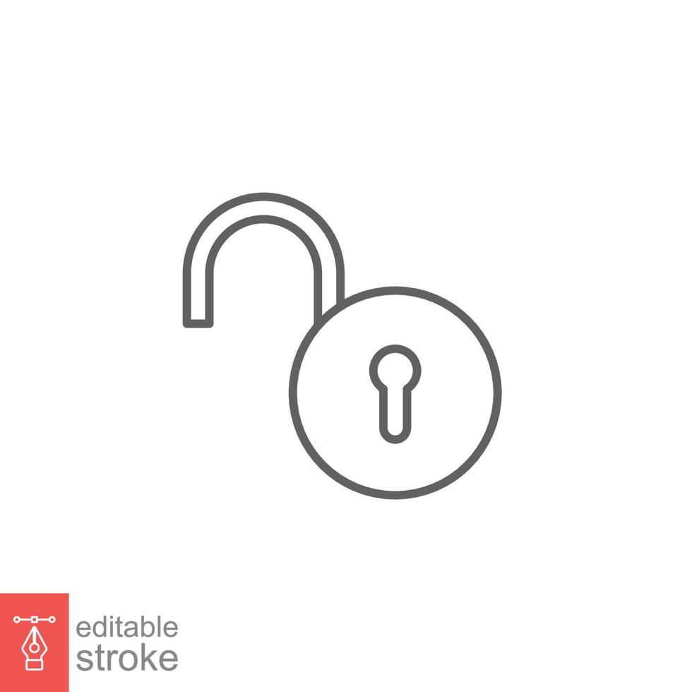 Unlocked lock icon. Simple outline style. Padlock with keyhole, open key, security concept. Thin line vector illustration design on white background. Editable stroke EPS 10.