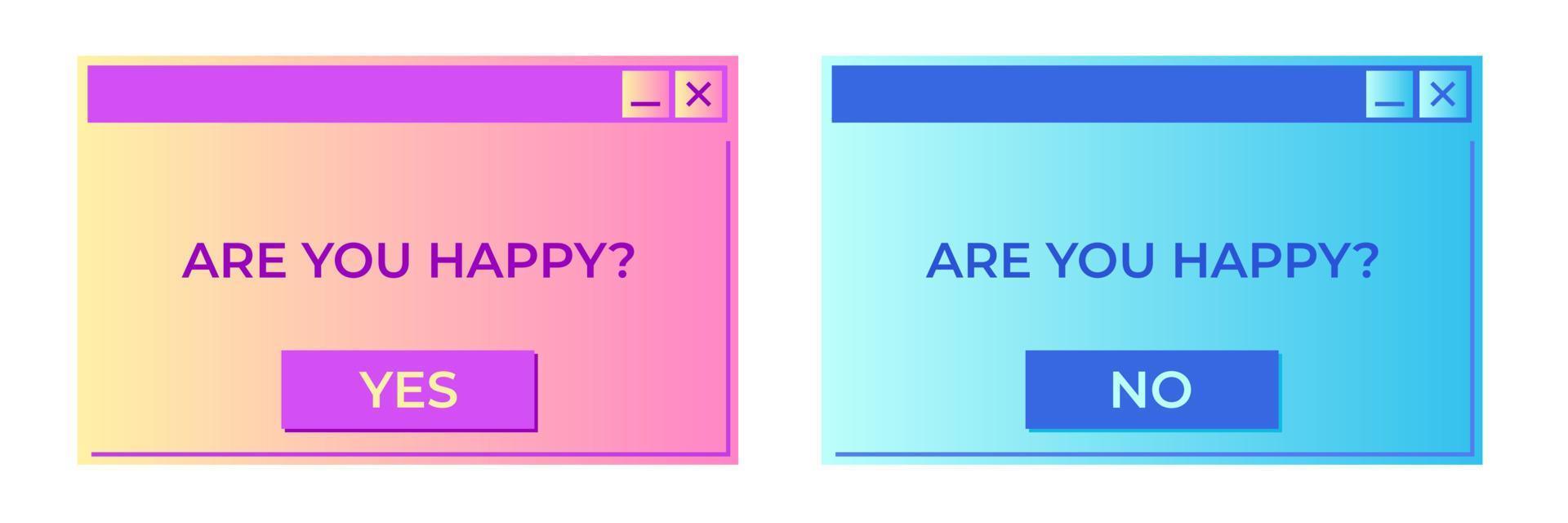 Retro windows of computer user interface. Vaporwave and retrowave, 90s and y2k PC style. Trendy colors gradient. Vector illustration of old message box with buttons.