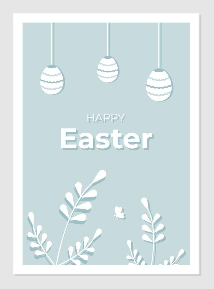 Easter poster with paper cut plant elements and lettering. Vector illustration of hanging Easter eggs. Happy easter greeting card template.