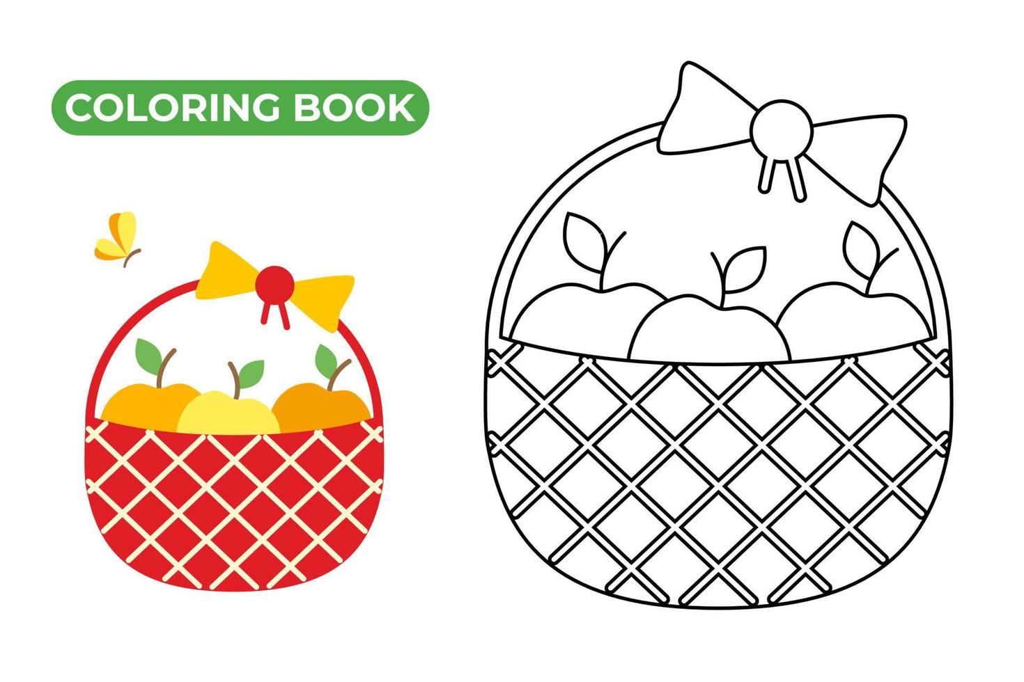 Wicker basket with apples. Black and white linear drawing of ripe summer fruit with leaves. Vector illustration of apple. Coloring book for kids.