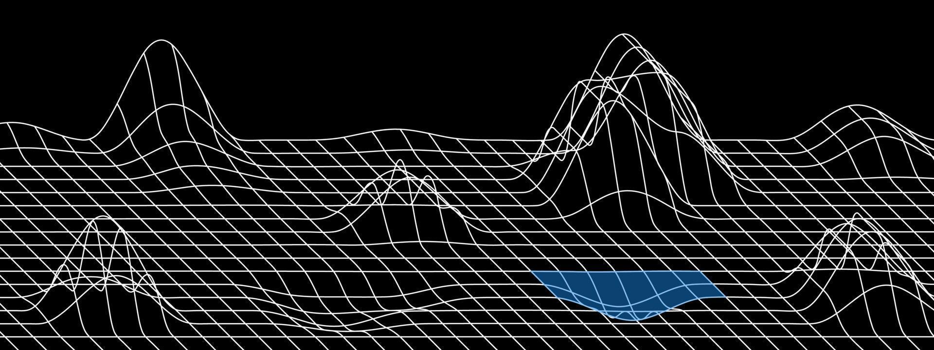 Digital landscape background with water. Perspective grid with convex distortions in the form of mountains. Vector illustration of linear mesh warp.