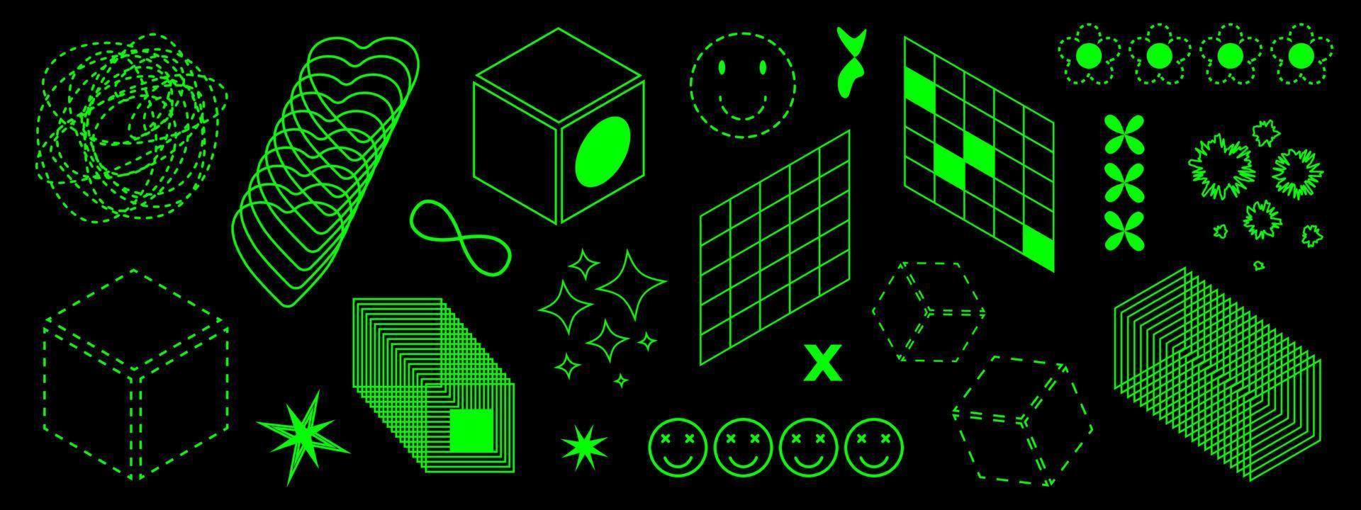 Retro futuristic acid set. Vector illustration of perspective objects, 3d cubes, digital geometric shapes, smileys and signs.