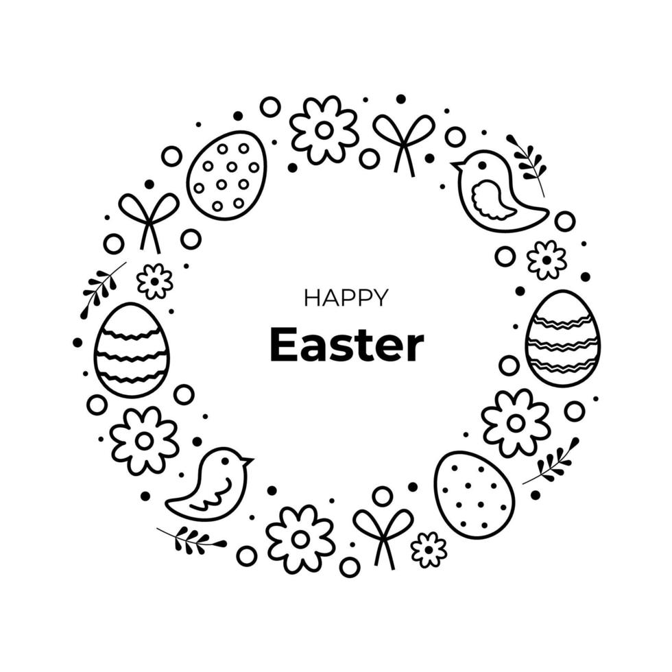 Easter wreath with greeting text. Vector illustration with Easter eggs, flowers and plant elements. Doodle style, outline icons set. Black and white line drawing of Easter composition.