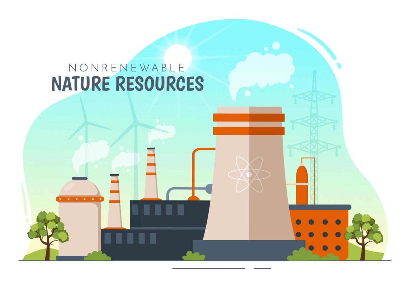 Non Renewable Sources of Energy Illustration with Nuclear, Petroleum, Oil, Natural Gas or Coal Fuels in Flat Cartoon Hand Drawn Templates vector