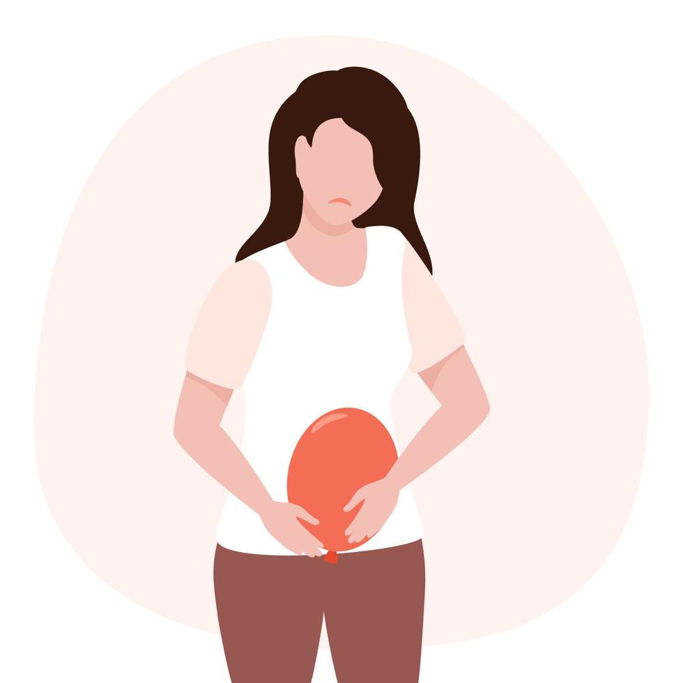 Woman hurts stomach and intestines. Suffering from abdominal bloating. Healthcare and medicine concept. Vector illustration.