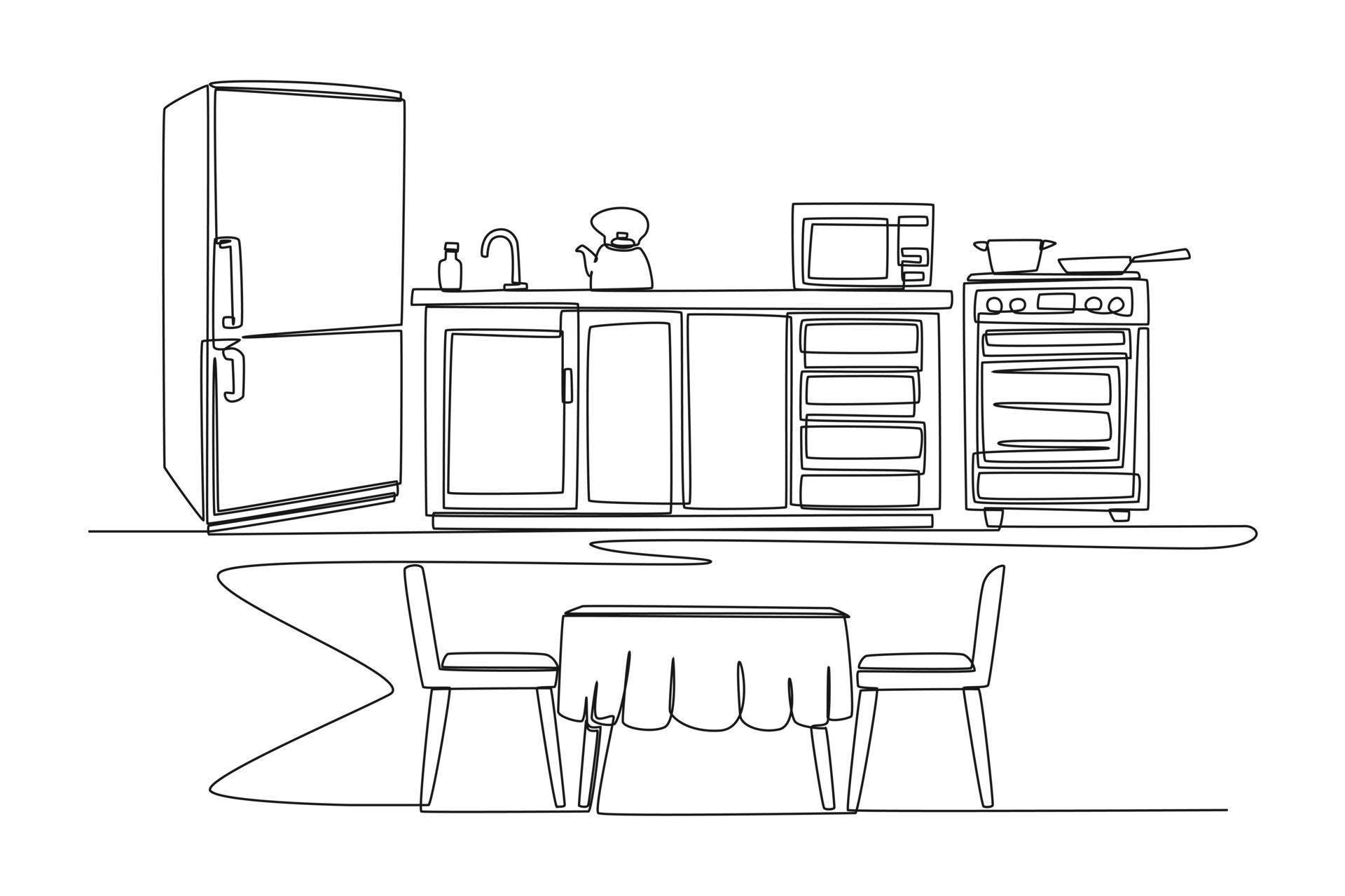 Single oneline drawing simple design of kitchen space for the family
