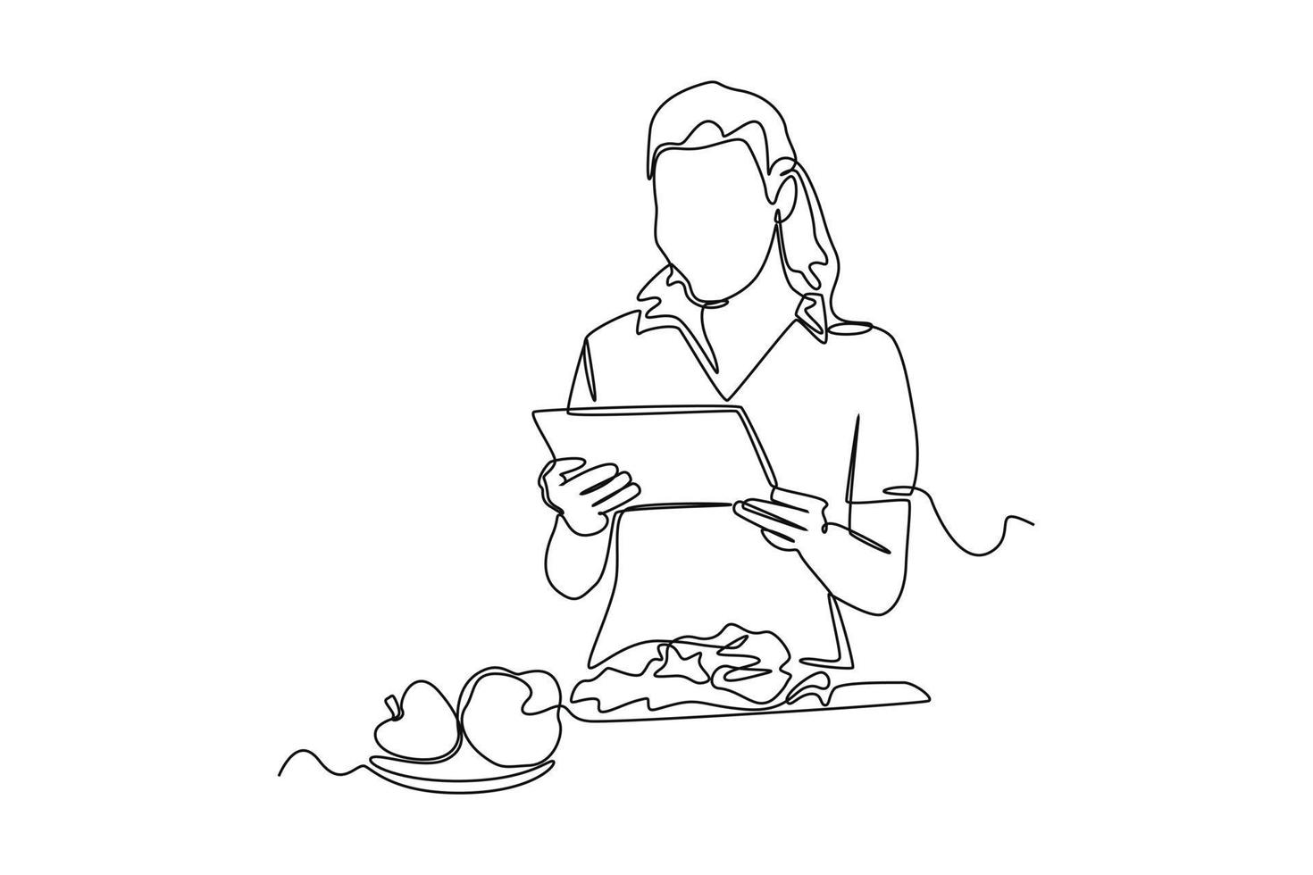 Continuous one-line drawing mother is looking at a cooking tutorial on her tablet. Kitchen activity concept single line draw design graphic vector illustration