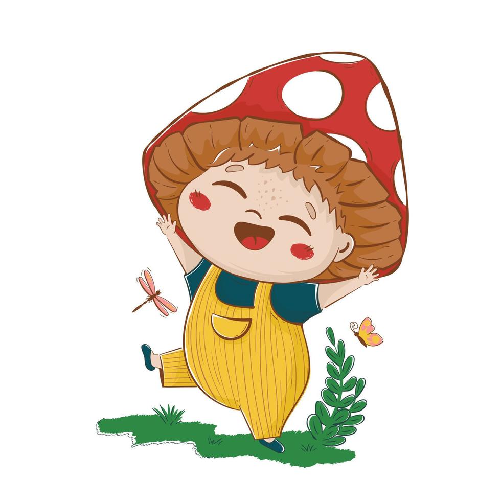 child with a hat mushroom rejoices in a clearing around the pole of butterflies and dragonflies fly. Fairytale cartoon cheerful character. vector