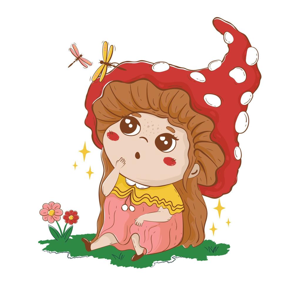 Fairytale cartoon cheerful child with a hat of a fly agaric mushroom sits and looks at the dragonfly vector