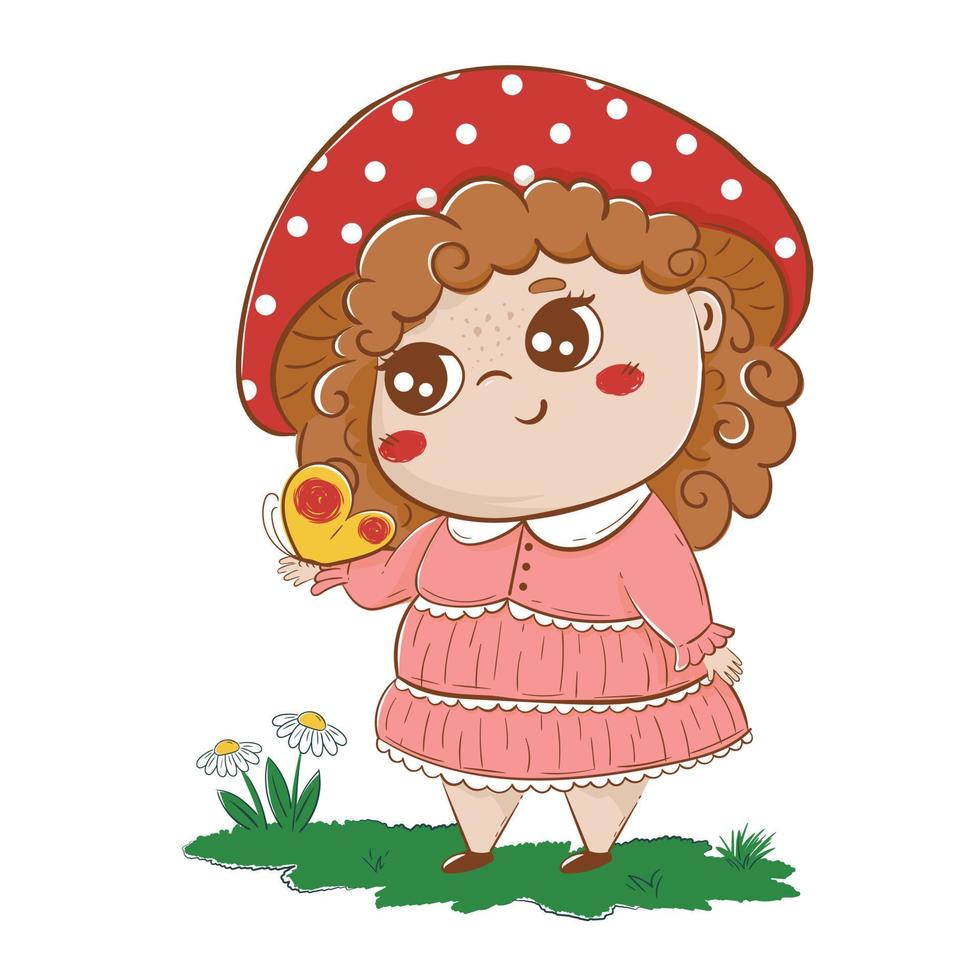 child with a hat of the mushroom of a fly agaric holds a butterfly in his hands in a clearing. Fairytale, cartoon dudl character vector