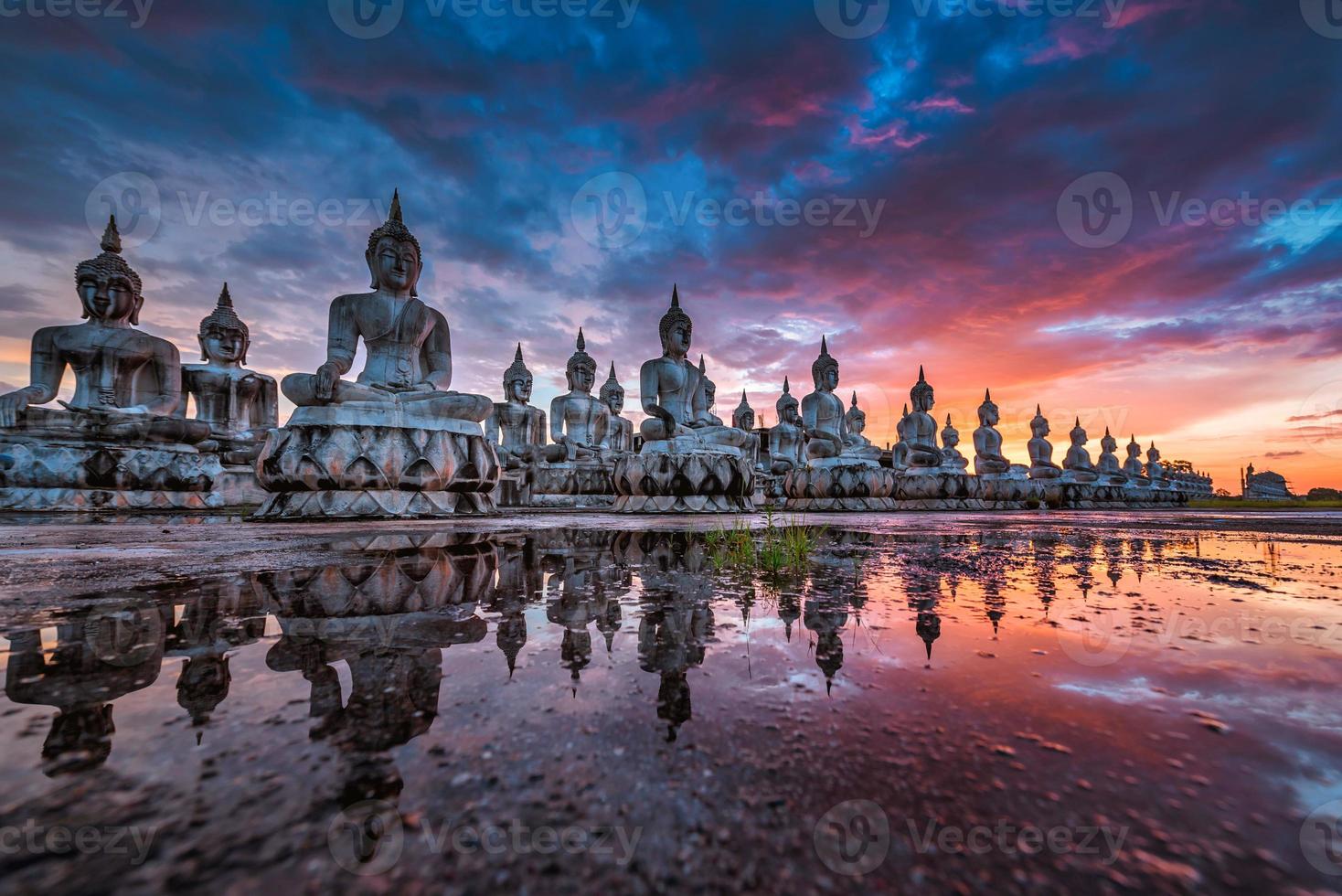 Many Statue buddha image at sunset in southen of Thailand photo