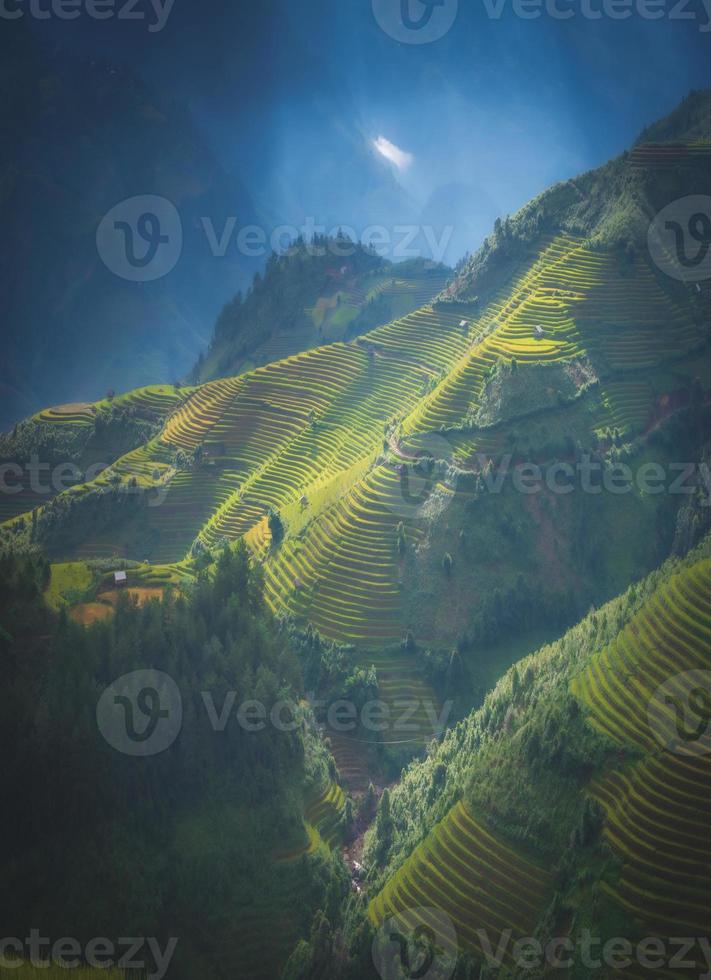arroz campos en aterrazado con de madera pabellón en azul cielo antecedentes en mu cang Chai, yenbai, Vietnam. foto