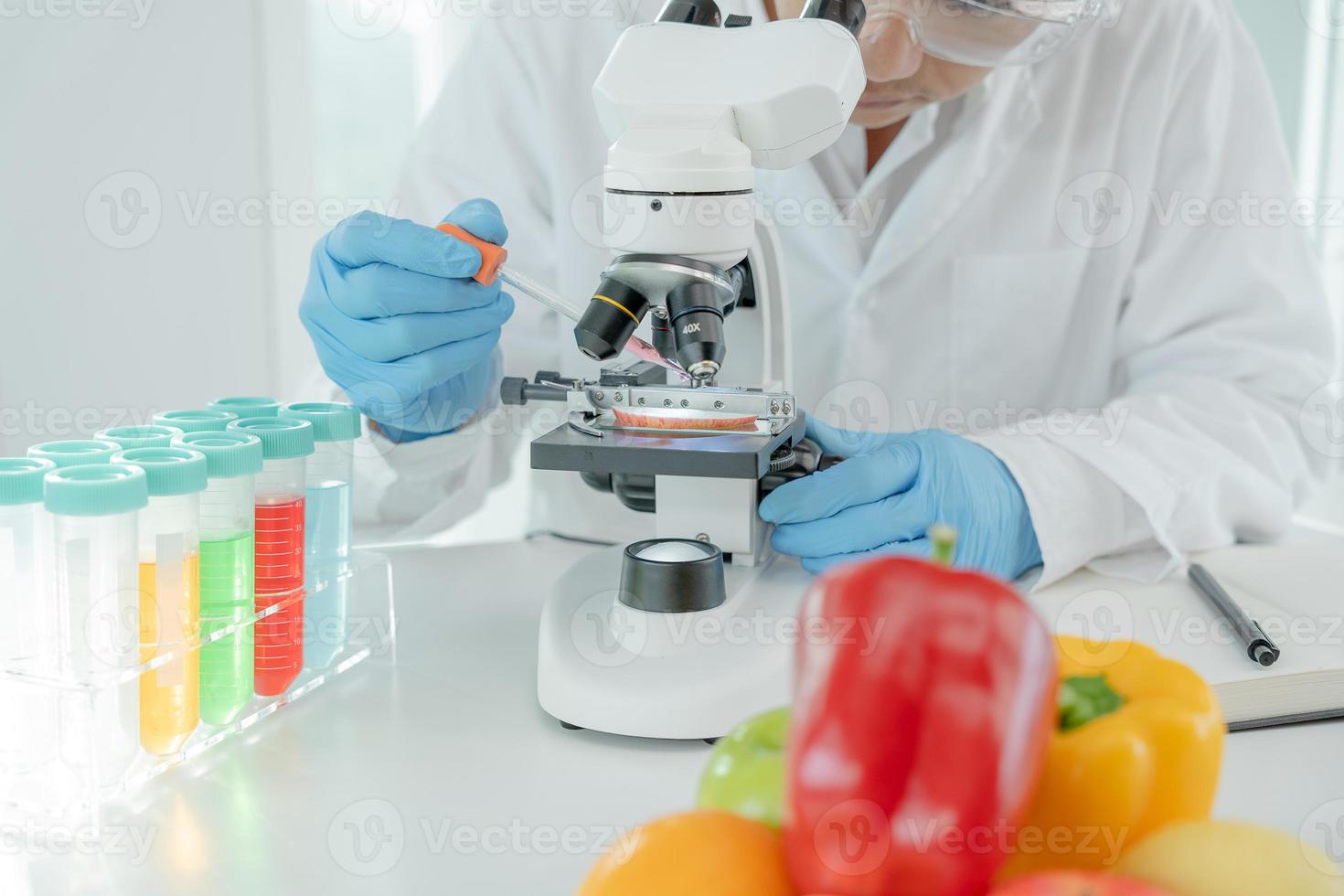 el científico comprueba los residuos de frutas químicas en el laboratorio. los expertos en control inspeccionan la concentración de residuos químicos. peligros, estándar, encontrar sustancias prohibidas, contaminar, microbiólogo foto