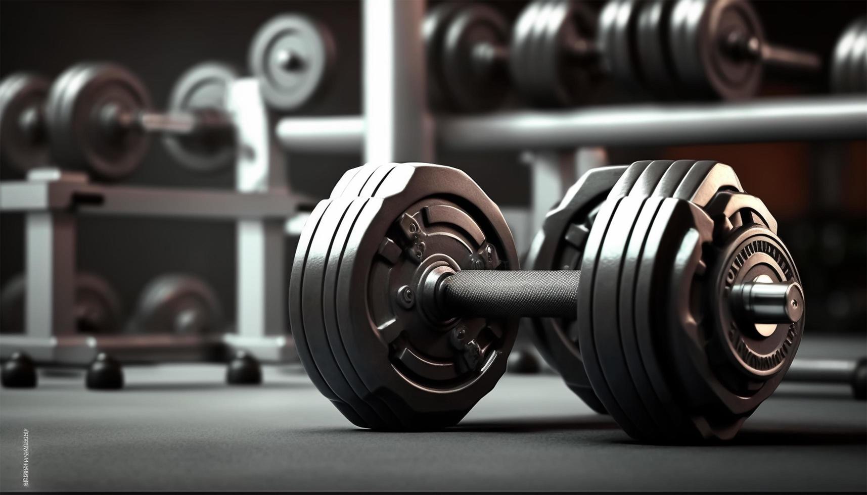 Metal dumbbells with background blurred gym interior photo