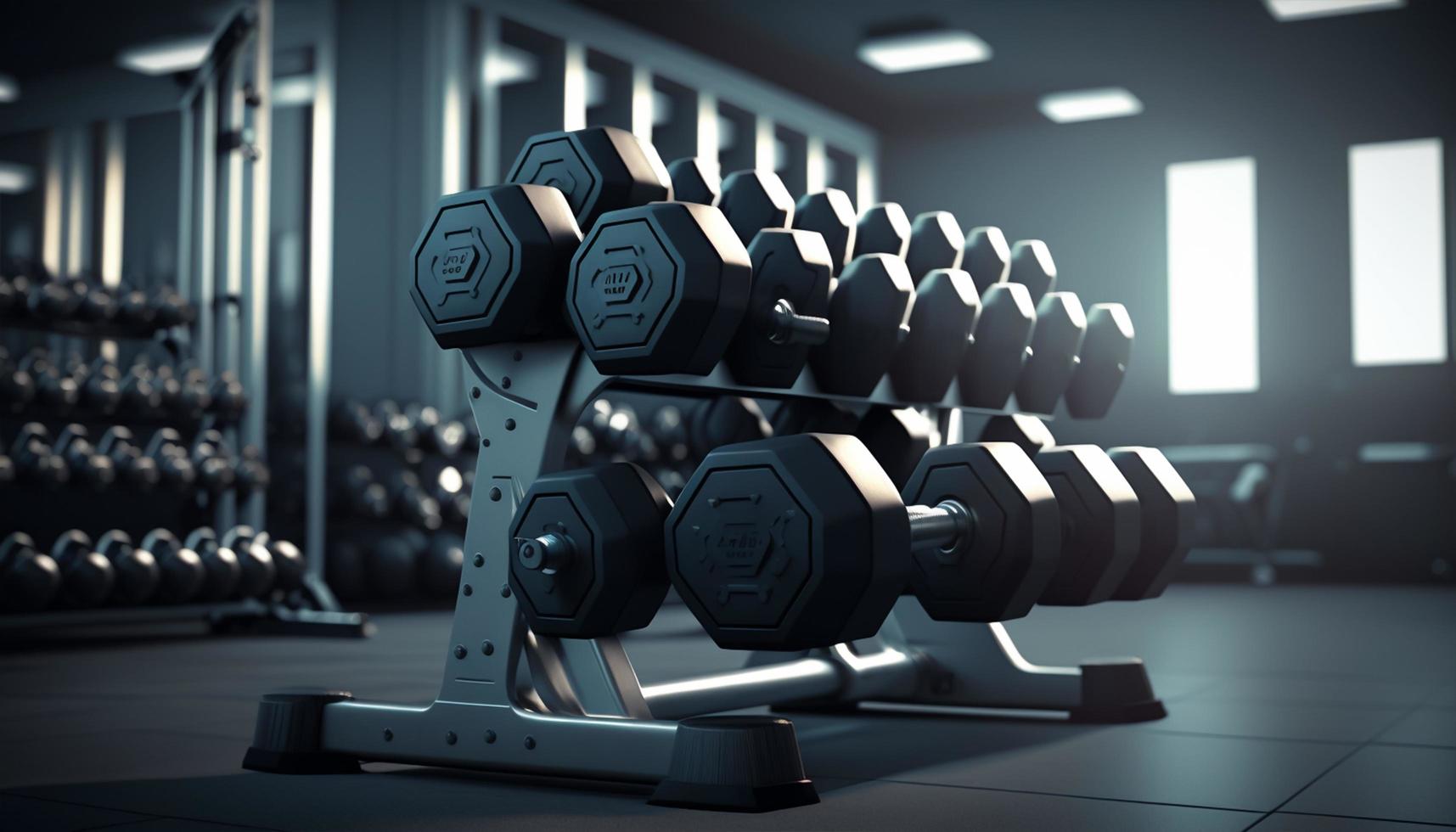 Metal dumbbells with background blurred gym interior photo