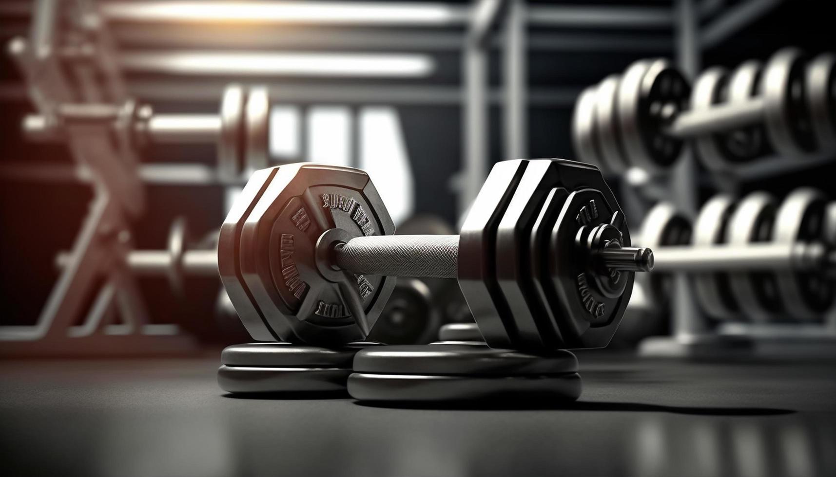 Metal dumbbells with background blurred gym interior photo