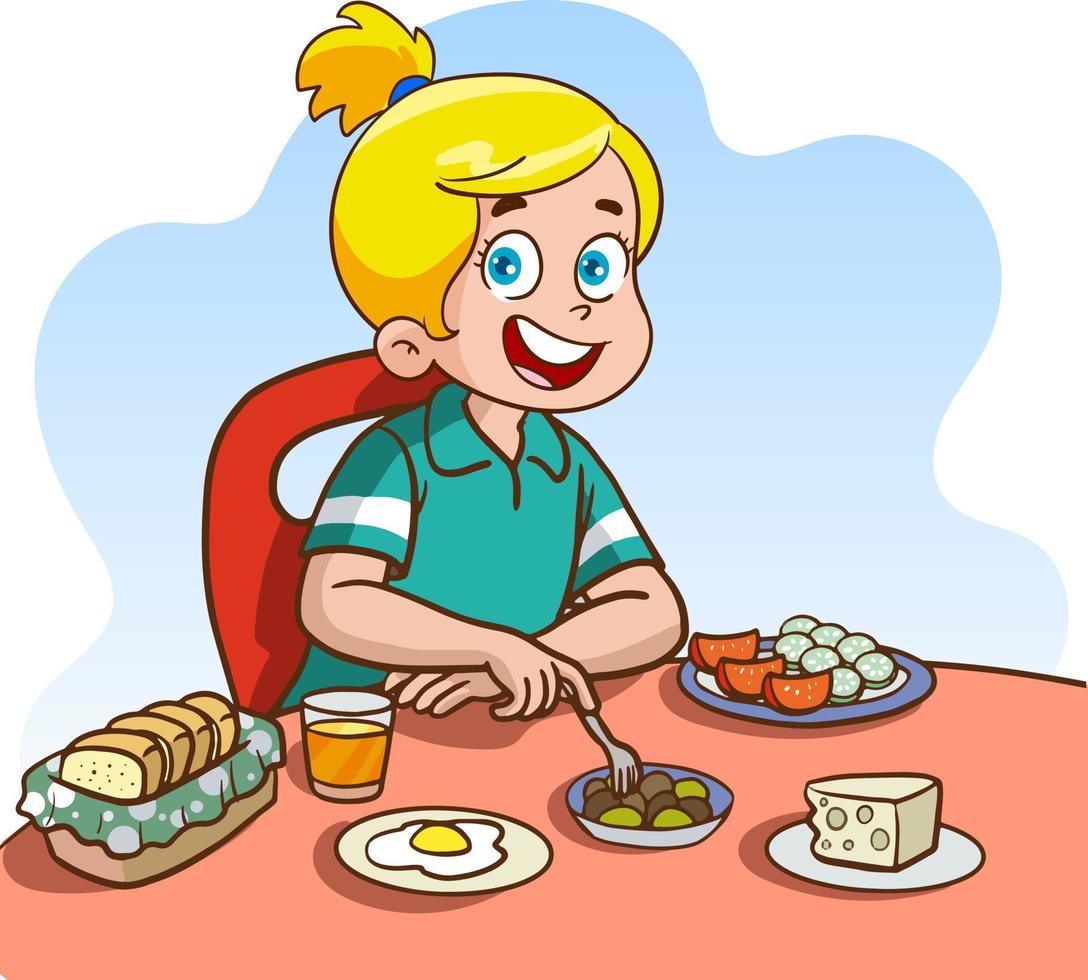 niña teniendo desayuno dibujos animados vector