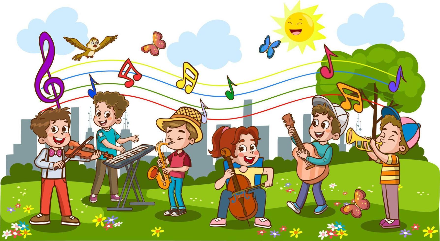 Cartoon group of children singing and dancing in the school choir vector