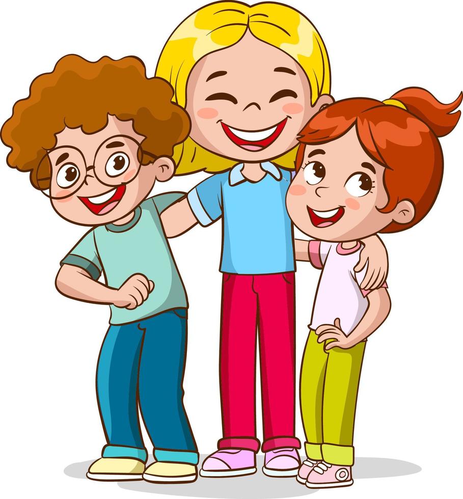 Cute happy kids hugging, smiling, standing together. Diverse children group portrait. Excited joyful little girls and boys, best friends. Flat vector illustration isolated on white background