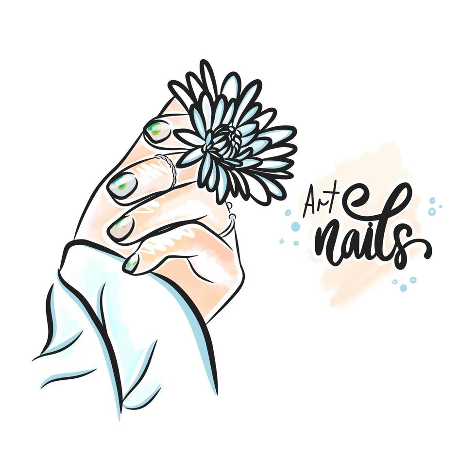 Spring manicure with chamomile, trendy nail design,   doodle vector