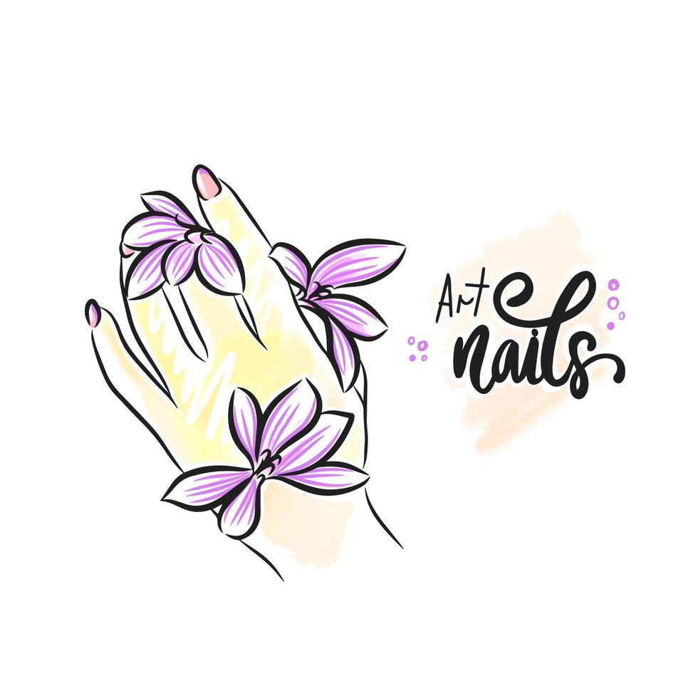 Delicate flowers on the hand with a beautiful manicure, hand lettering vector