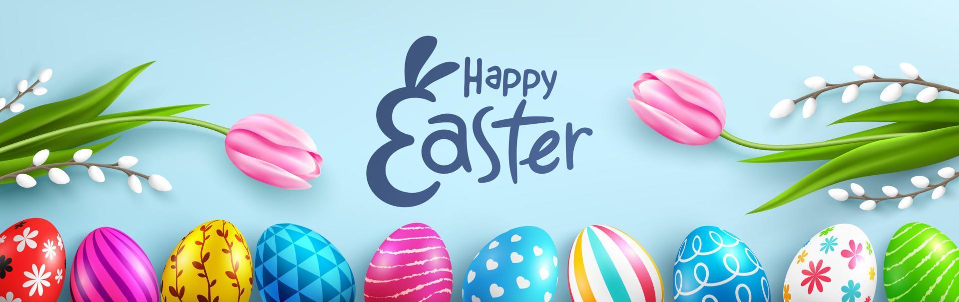 Easter banner template with Easter eggs and flower on light green background.Greetings and presents for Easter Day in flat lay styling.Promotion and shopping template for Easter vector