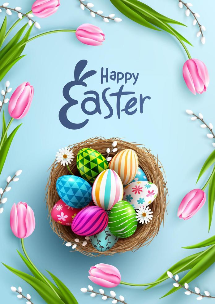 Easter poster and banner template with Easter eggs in the nest on light green background.Greetings and presents for Easter Day in flat lay styling.Promotion and shopping template for Easter vector