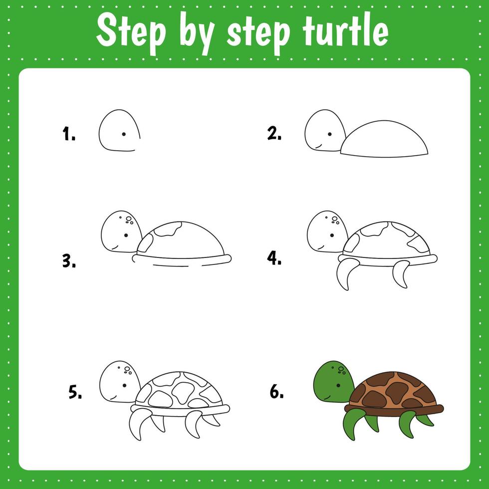 Drawing lesson for children. How draw a turtle. Drawing tutorial for kids. Step by step repeats the picture. Kids activity art page for book. Vector illustration.