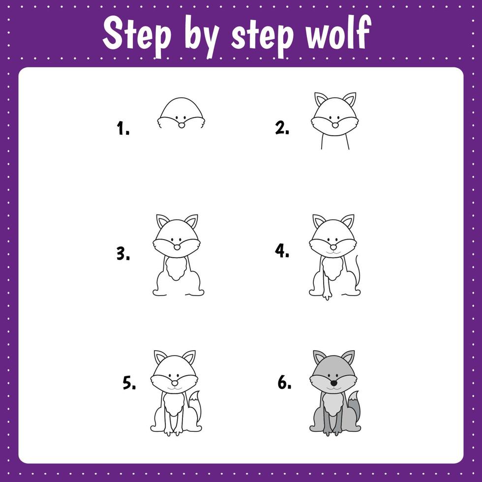Drawing lesson for children. How draw a wolf. Drawing tutorial for kids. Step by step repeats the picture. Kids activity art page for book. Vector illustration.