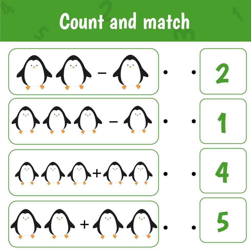 Educational worksheet for preschool kids. Count and match. Math game for children. Count penguins vector