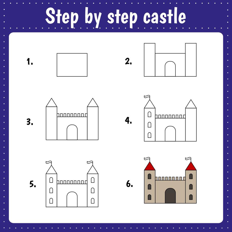 Easy educational kid game. Step by step drawing activity worksheet for kids. Castle vector