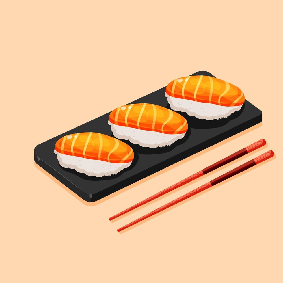 Nigiri sushi cartoon vector illustration. Asian Japanese food with salmon and rice, lying on the stone tray with wooden chopsticks